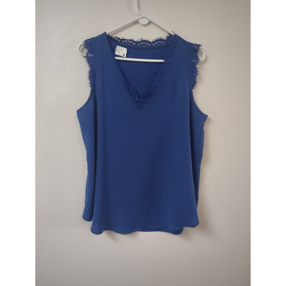 Royal Blue Lace‎ Trim V-Neck Sleeveless Blouse XL Eyelash Lace Tank Top